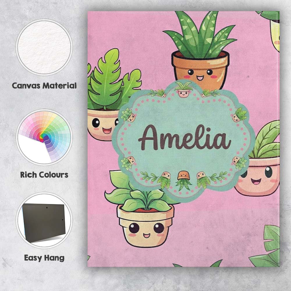 Personalised Name Cute Kawaii Smiling Plant Custom  Bespoke Interior Contemporary Canvas Wall Art Print Decor Picture Ready to Hang