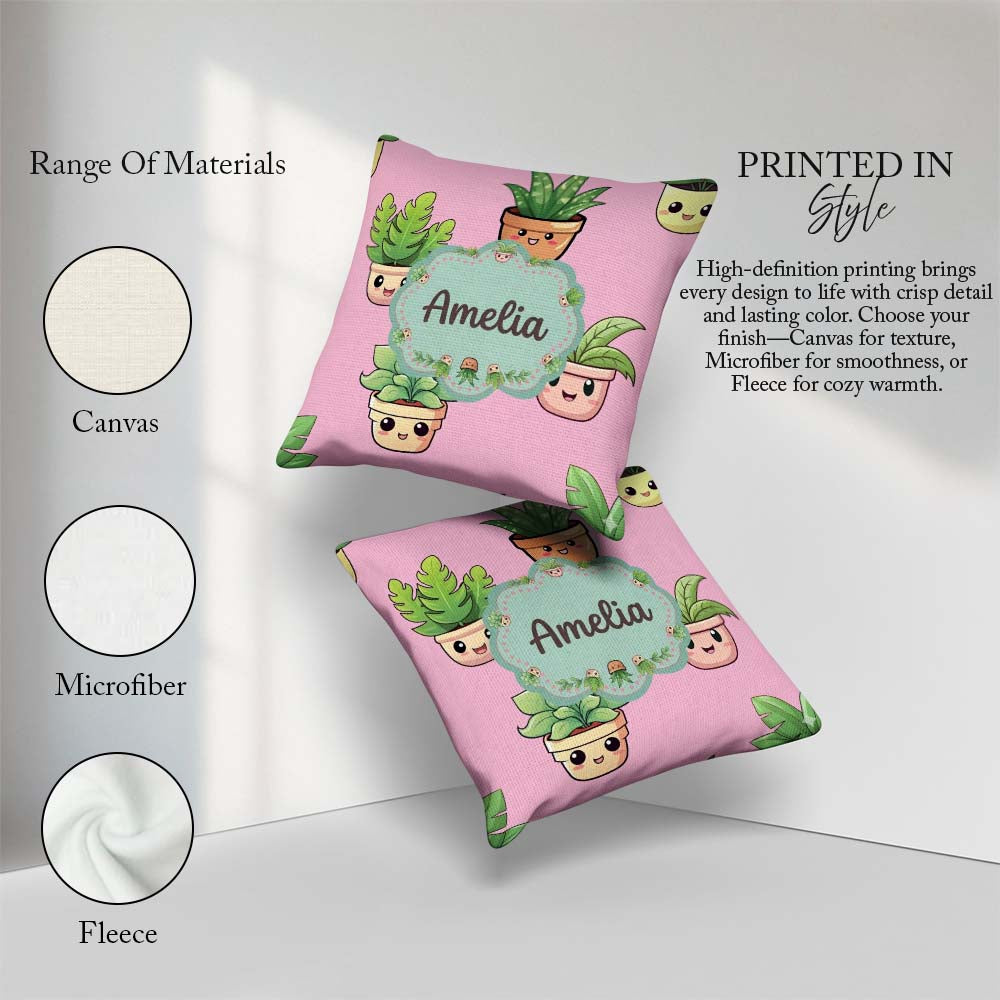 Custom Name Cute Kawaii Smiling Plant Pots Seamless Pattern Pink Square Filled Cushion Throw Pillow Sofa Bed Home Decor Zip Washable UK Made