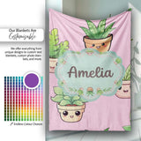 Cute Kawaii Smiling Plant Pots Leaves Seamless Pattern Pink Lovely  Personalised Custom Name Super Soft Fleece Blanket Bed Sofa Throw