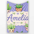 Cute Kawaii Smiling Plant Pots Leaves Seamless Pattern Purple Lovely  Personalised Custom Name Super Soft Fleece Blanket Bed Sofa Throw