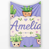 Cute Kawaii Smiling Plant Pots Leaves Seamless Pattern Purple Lovely  Personalised Custom Name Super Soft Fleece Blanket Bed Sofa Throw