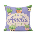 Custom Name Cute Kawaii Smiling Plant Pots Leaves Pattern Purple Square Filled Cushion Throw Pillow Sofa Bed Home Decor Zip Washable UK Made