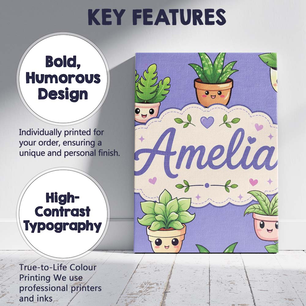 Personalised Name Cute Kawaii Smiling Plant Custom  Bespoke Interior Contemporary Canvas Wall Art Print Decor Picture Ready to Hang
