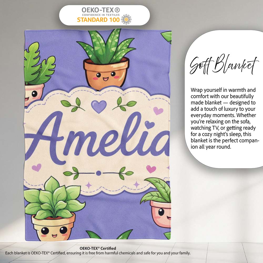 Cute Kawaii Smiling Plant Pots Leaves Seamless Pattern Purple Lovely  Personalised Custom Name Super Soft Fleece Blanket Bed Sofa Throw
