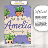 Cute Kawaii Smiling Plant Pots Leaves Seamless Pattern Purple Lovely  Personalised Custom Name Super Soft Fleece Blanket Bed Sofa Throw