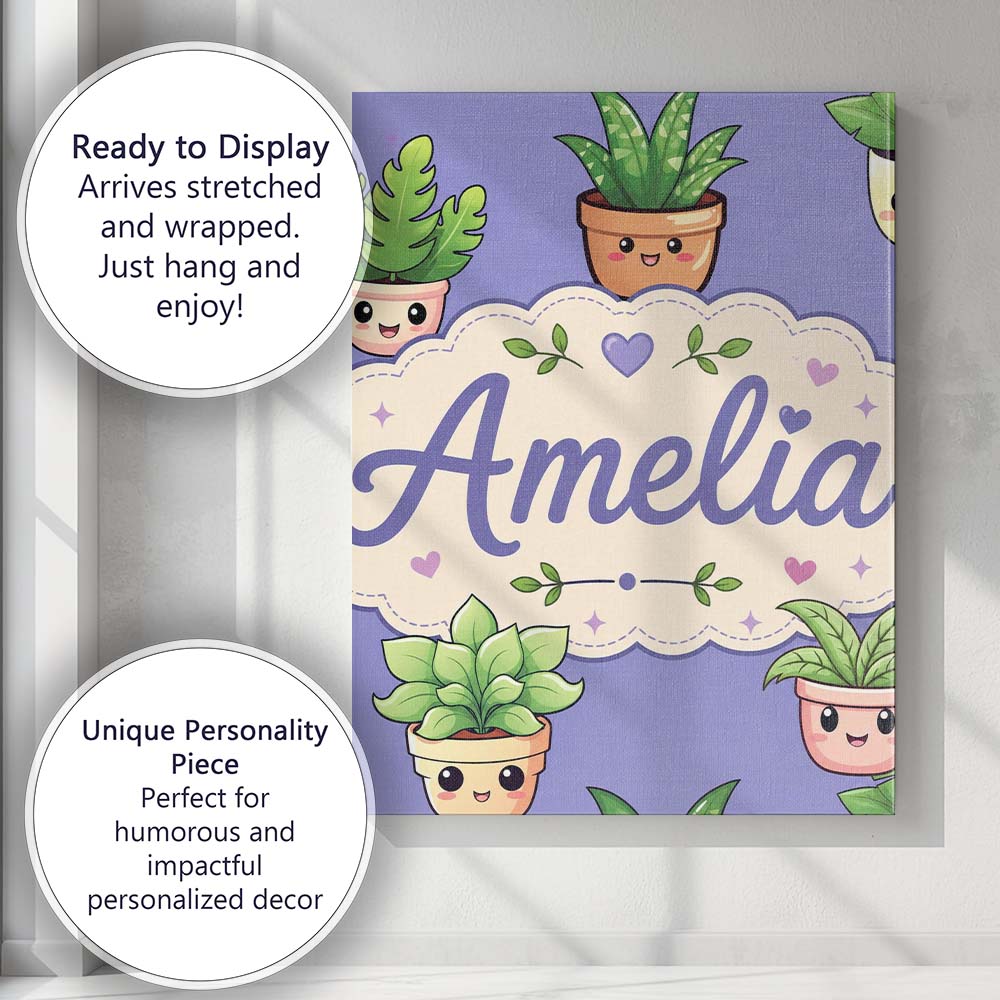 Personalised Name Cute Kawaii Smiling Plant Custom  Bespoke Interior Contemporary Canvas Wall Art Print Decor Picture Ready to Hang