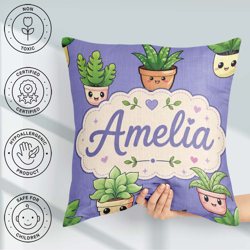 Custom Name Cute Kawaii Smiling Plant Pots Leaves Pattern Purple Square Filled Cushion Throw Pillow Sofa Bed Home Decor Zip Washable UK Made