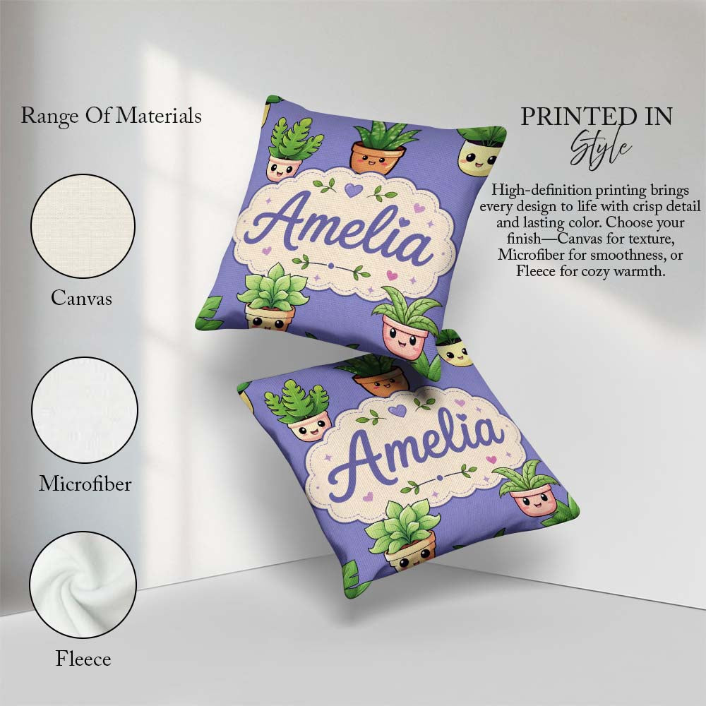 Custom Name Cute Kawaii Smiling Plant Pots Leaves Pattern Purple Square Filled Cushion Throw Pillow Sofa Bed Home Decor Zip Washable UK Made