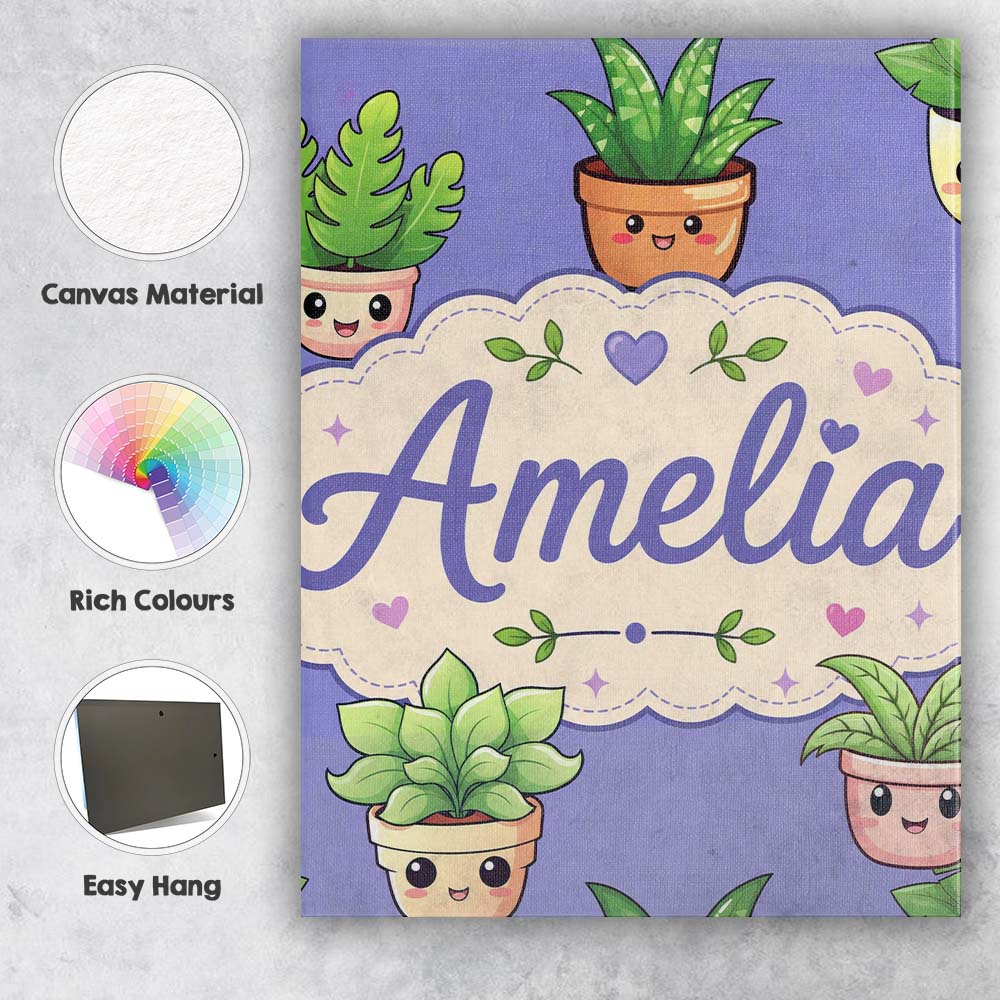 Personalised Name Cute Kawaii Smiling Plant Custom  Bespoke Interior Contemporary Canvas Wall Art Print Decor Picture Ready to Hang