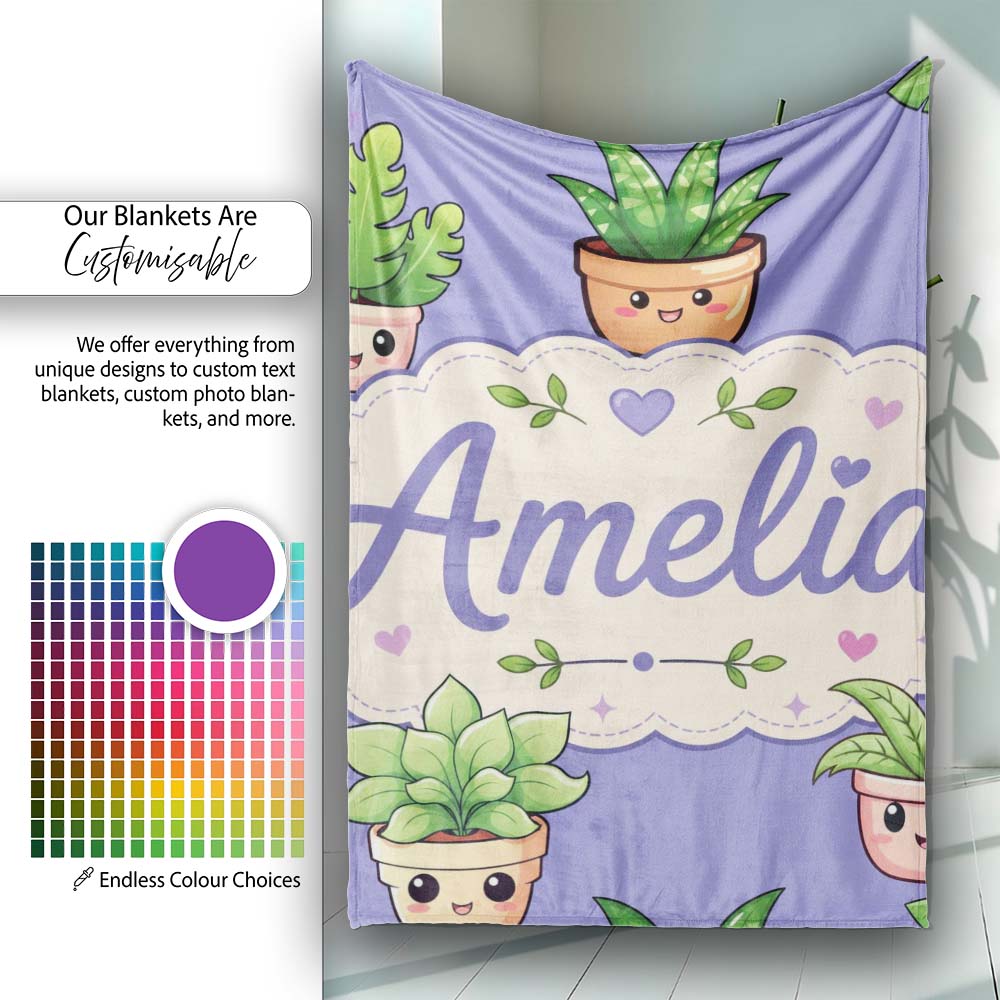 Cute Kawaii Smiling Plant Pots Leaves Seamless Pattern Purple Lovely  Personalised Custom Name Super Soft Fleece Blanket Bed Sofa Throw
