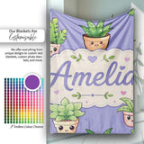 Cute Kawaii Smiling Plant Pots Leaves Seamless Pattern Purple Lovely  Personalised Custom Name Super Soft Fleece Blanket Bed Sofa Throw