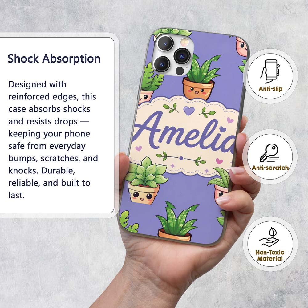 Cute Kawaii Smiling Plant Pots Leaves Seamless Custom Name Protective Phone Case Mobile Cover Durable Everyday Smartphone Shock Resistant