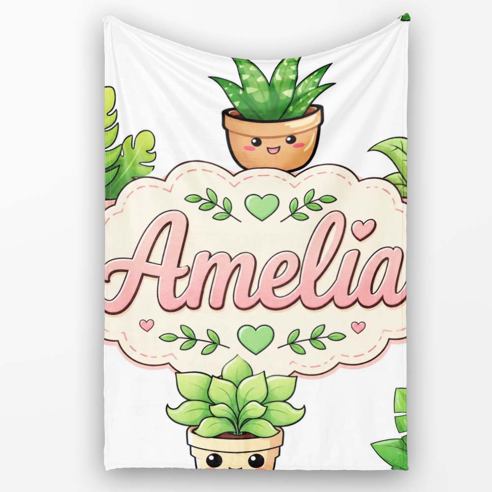Cute Kawaii Smiling Plant Pots Leaves Seamless Pattern Grey Lovely  Personalised Custom Name Super Soft Fleece Blanket Bed Sofa Throw