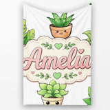 Cute Kawaii Smiling Plant Pots Leaves Seamless Pattern Grey Lovely  Personalised Custom Name Super Soft Fleece Blanket Bed Sofa Throw