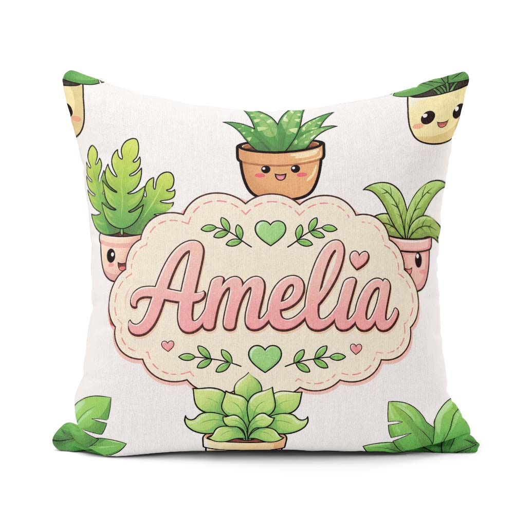 Custom Name Cute Kawaii Smiling Plant Pots Seamless Pattern Grey Square Filled Cushion Throw Pillow Sofa Bed Home Decor Zip Washable UK Made
