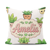 Custom Name Cute Kawaii Smiling Plant Pots Seamless Pattern Grey Square Filled Cushion Throw Pillow Sofa Bed Home Decor Zip Washable UK Made
