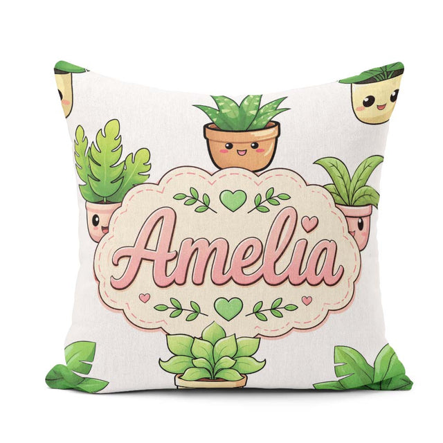 Custom Name Cute Kawaii Smiling Plant Pots Seamless Pattern Grey Square Filled Cushion Throw Pillow Sofa Bed Home Decor Zip Washable UK Made