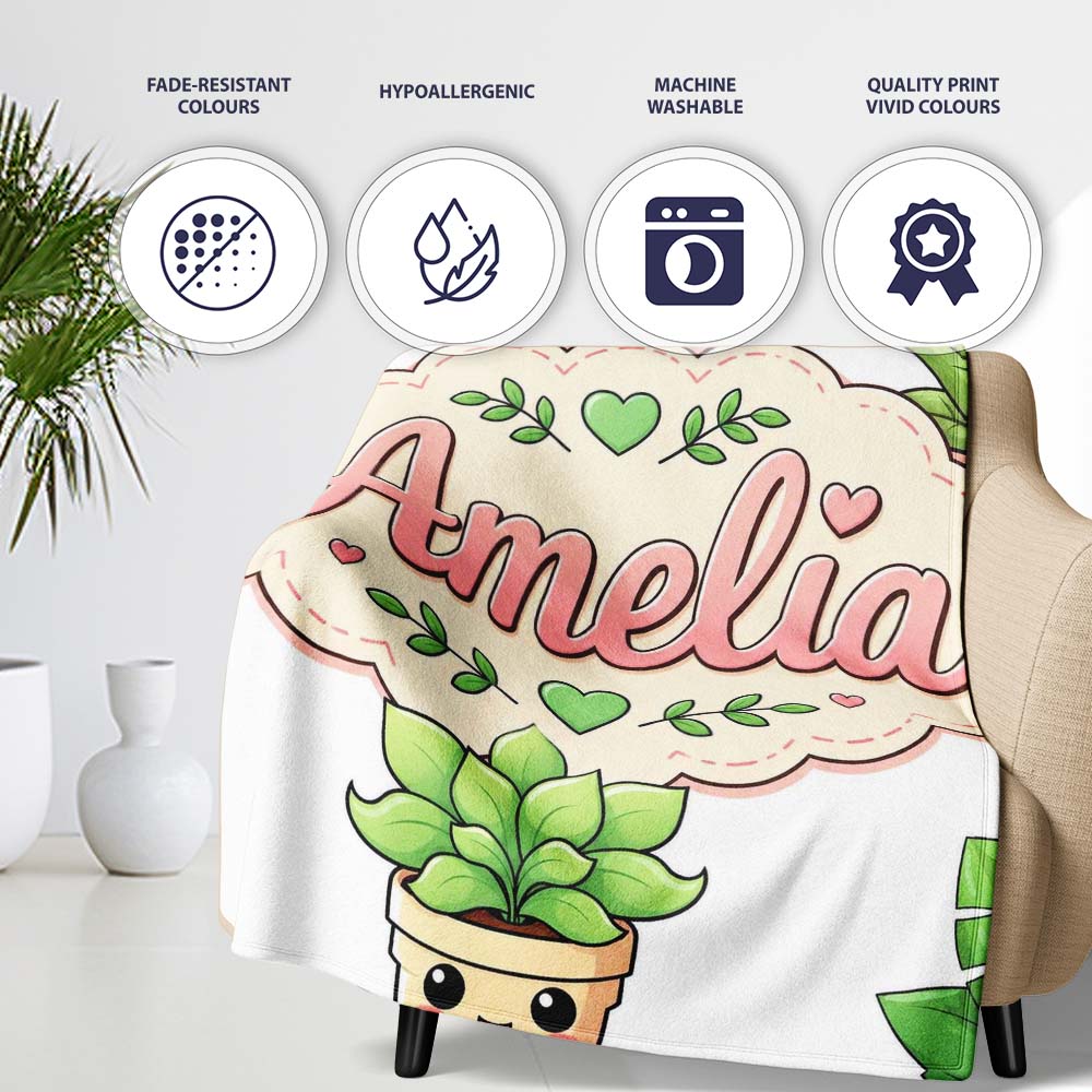 Cute Kawaii Smiling Plant Pots Leaves Seamless Pattern Grey Lovely  Personalised Custom Name Super Soft Fleece Blanket Bed Sofa Throw