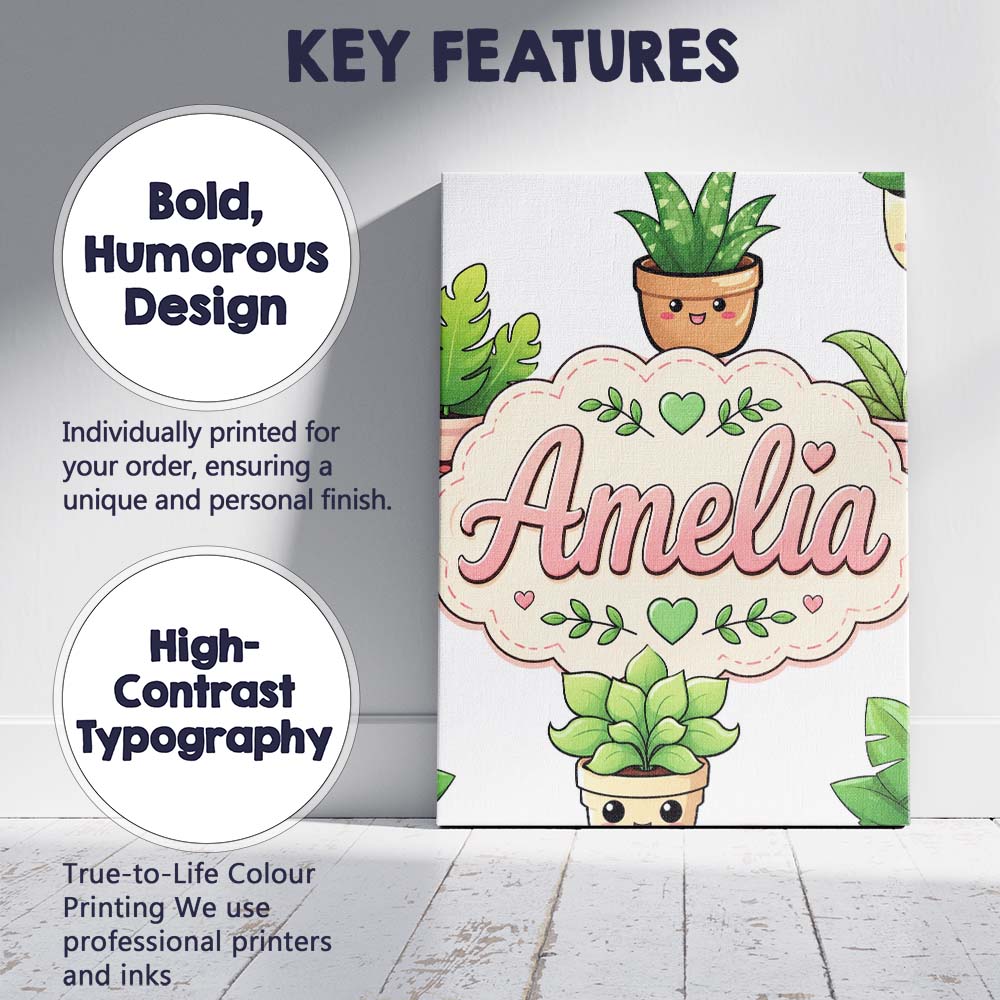 Personalised Name Cute Kawaii Smiling Plant Custom  Bespoke Interior Contemporary Canvas Wall Art Print Decor Picture Ready to Hang
