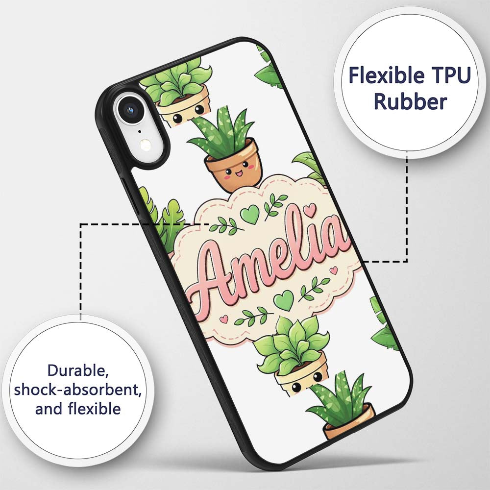 Cute Kawaii Smiling Plant Pots Leaves Seamless Custom Name Protective Phone Case Mobile Cover Durable Everyday Smartphone Shock Resistant