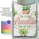 Cute Kawaii Smiling Plant Pots Leaves Seamless Pattern Grey Lovely  Personalised Custom Name Super Soft Fleece Blanket Bed Sofa Throw