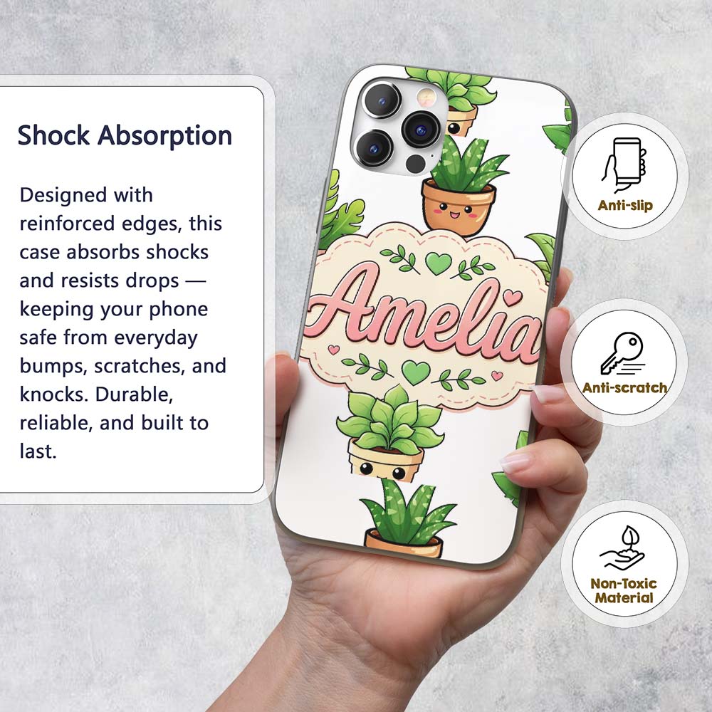 Cute Kawaii Smiling Plant Pots Leaves Seamless Custom Name Protective Phone Case Mobile Cover Durable Everyday Smartphone Shock Resistant