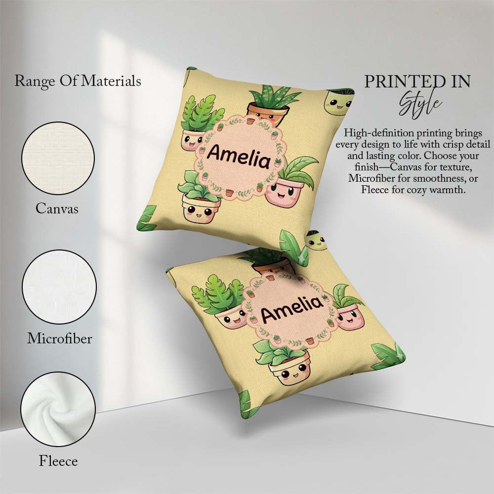 Custom Name Cute Kawaii Smiling Plant Pots Leaves Pattern Yellow Square Filled Cushion Throw Pillow Sofa Bed Home Decor Zip Washable UK Made