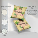 Custom Name Cute Kawaii Smiling Plant Pots Leaves Pattern Yellow Square Filled Cushion Throw Pillow Sofa Bed Home Decor Zip Washable UK Made