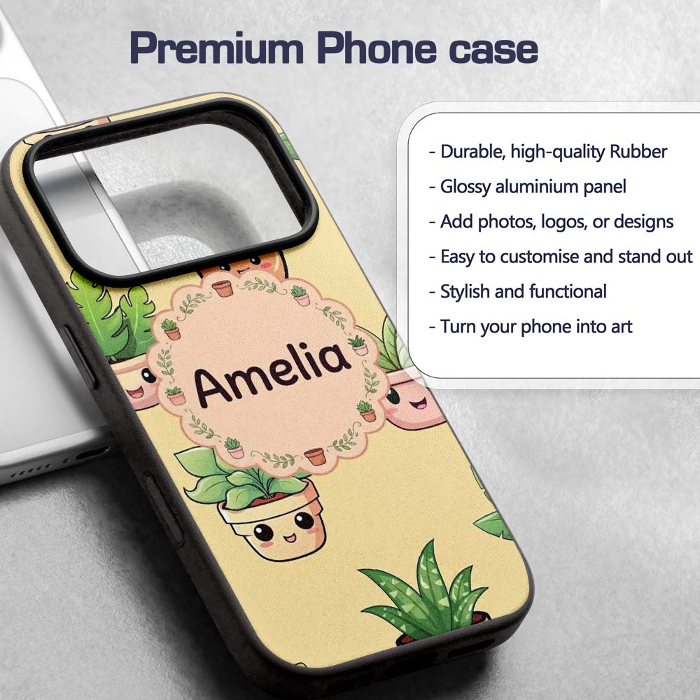 Cute Kawaii Smiling Plant Pots Leaves Seamless Custom Name Protective Phone Case Mobile Cover Durable Everyday Smartphone Shock Resistant