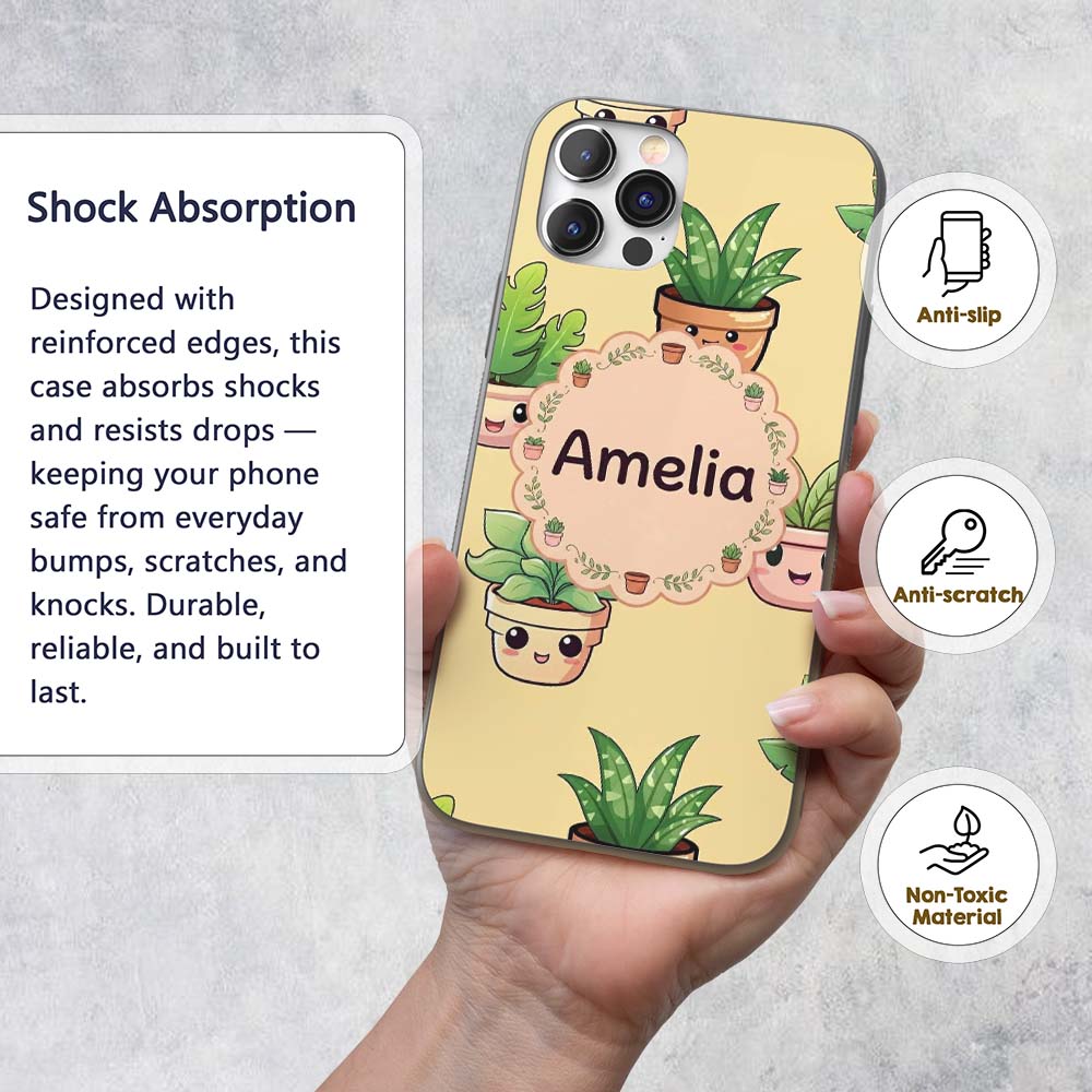 Cute Kawaii Smiling Plant Pots Leaves Seamless Custom Name Protective Phone Case Mobile Cover Durable Everyday Smartphone Shock Resistant