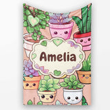 Cute Kawaii Smiling Plant Pots Succulents Leaves Pattern Peach  Personalised Custom Name Super Soft Fleece Blanket Bed Sofa Throw