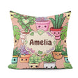 Custom Name Cute Kawaii Smiling Plant Pots Leaves Pattern Peach Square Filled Cushion Throw Pillow Sofa Bed Home Decor Zip Washable UK Made