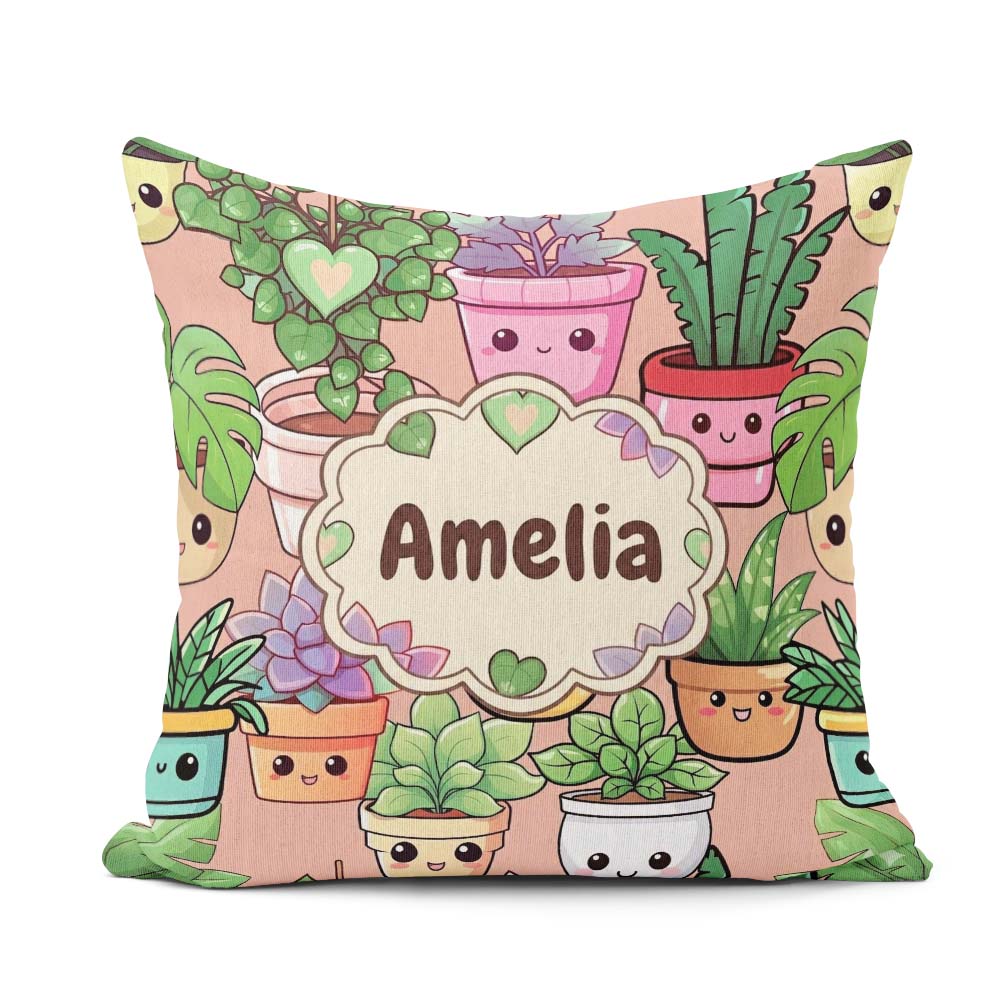 Custom Name Cute Kawaii Smiling Plant Pots Leaves Pattern Peach Square Filled Cushion Throw Pillow Sofa Bed Home Decor Zip Washable UK Made