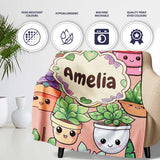 Cute Kawaii Smiling Plant Pots Succulents Leaves Pattern Peach  Personalised Custom Name Super Soft Fleece Blanket Bed Sofa Throw