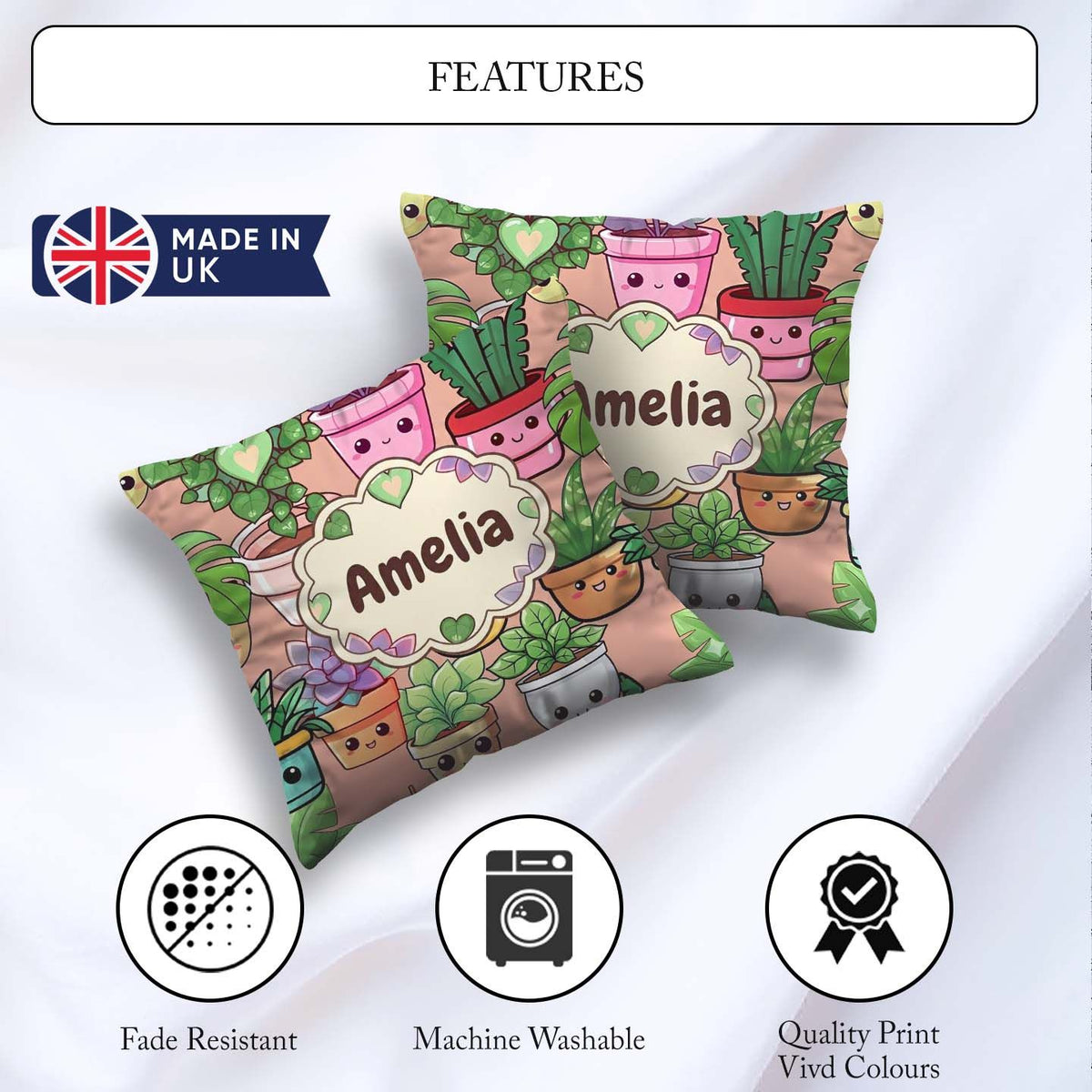 Custom Name Cute Kawaii Smiling Plant Pots Leaves Pattern Peach Square Filled Cushion Throw Pillow Sofa Bed Home Decor Zip Washable UK Made