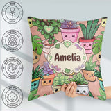 Custom Name Cute Kawaii Smiling Plant Pots Leaves Pattern Peach Square Filled Cushion Throw Pillow Sofa Bed Home Decor Zip Washable UK Made
