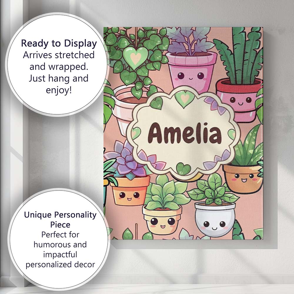 Personalised Name Cute Kawaii Smiling Plant Custom  Bespoke Interior Contemporary Canvas Wall Art Print Decor Picture Ready to Hang