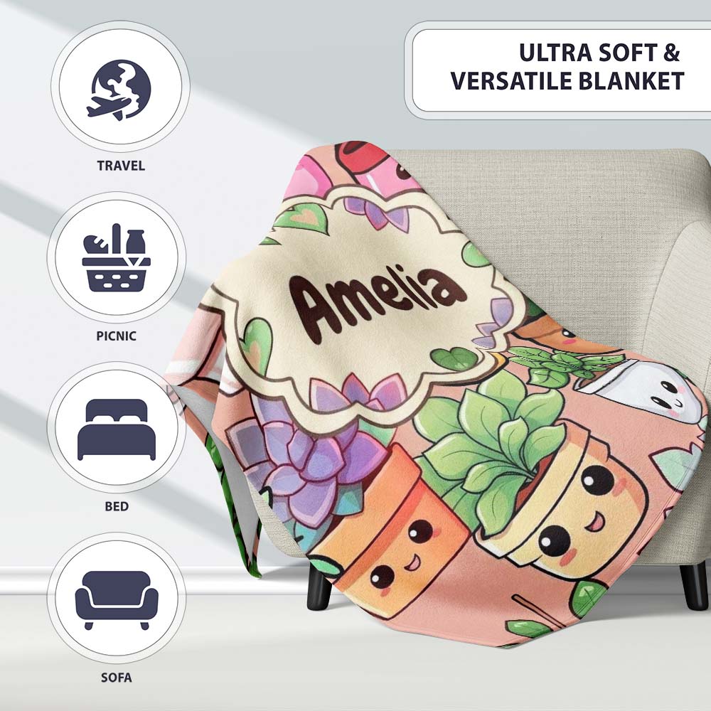 Cute Kawaii Smiling Plant Pots Succulents Leaves Pattern Peach  Personalised Custom Name Super Soft Fleece Blanket Bed Sofa Throw