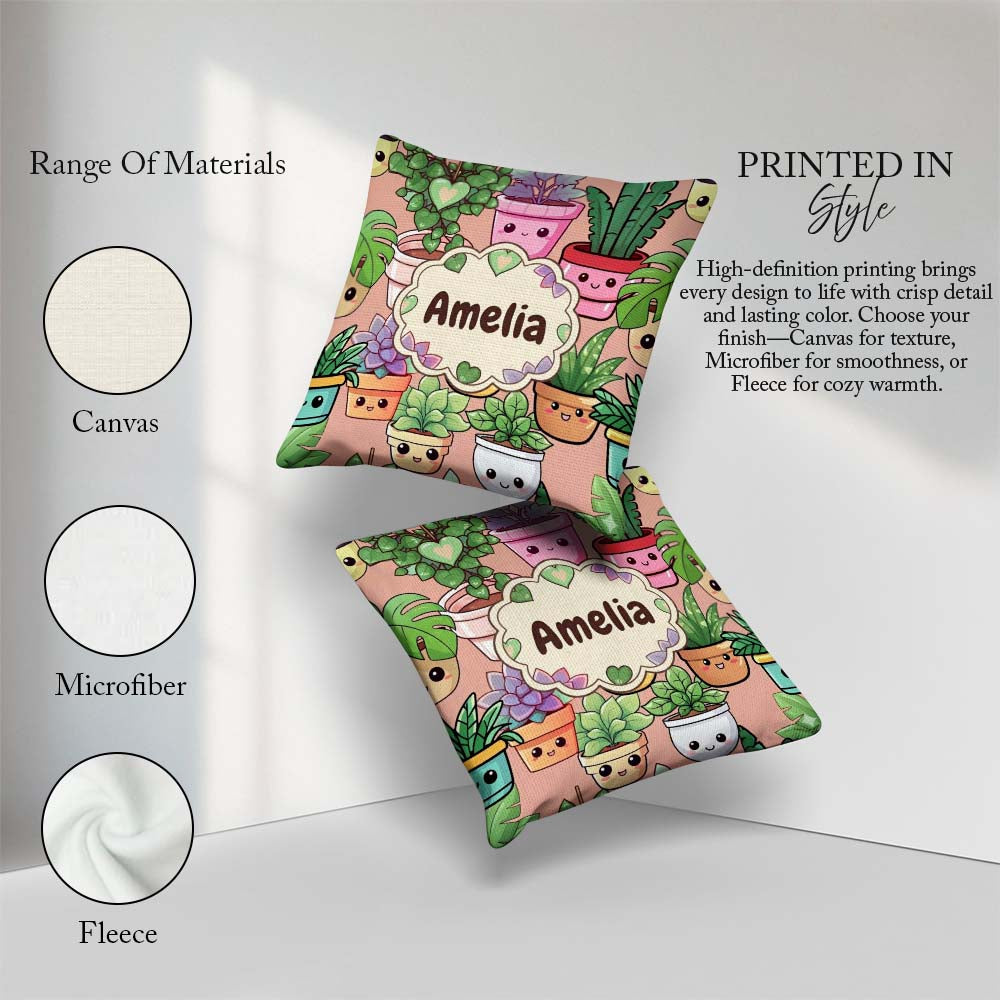 Custom Name Cute Kawaii Smiling Plant Pots Leaves Pattern Peach Square Filled Cushion Throw Pillow Sofa Bed Home Decor Zip Washable UK Made