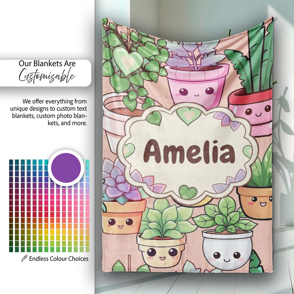 Cute Kawaii Smiling Plant Pots Succulents Leaves Pattern Peach  Personalised Custom Name Super Soft Fleece Blanket Bed Sofa Throw