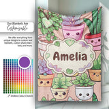 Cute Kawaii Smiling Plant Pots Succulents Leaves Pattern Peach  Personalised Custom Name Super Soft Fleece Blanket Bed Sofa Throw