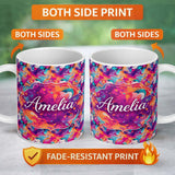 Personalized Custom Name Colourful Liquid Marble Swirl Pink Purple Orange Abstract Pattern 11oz Ceramic Coffee Tea Mug White Large Handle
