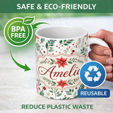 Personalized Custom Name Delicate Christmas Poinsettia Leaves Botanical Watercolor Seamless 11oz Ceramic Coffee Tea Mug White Large Handle