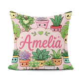Custom Name Cute Kawaii Smiling Plant Pots Leaves Pattern Blush Square Filled Cushion Throw Pillow Sofa Bed Home Decor Zip Washable UK Made