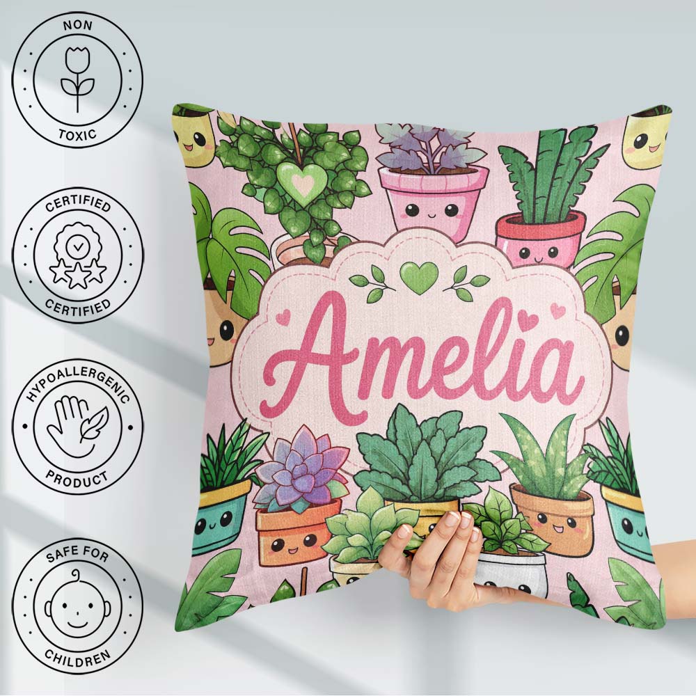 Custom Name Cute Kawaii Smiling Plant Pots Leaves Pattern Blush Square Filled Cushion Throw Pillow Sofa Bed Home Decor Zip Washable UK Made
