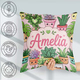 Custom Name Cute Kawaii Smiling Plant Pots Leaves Pattern Blush Square Filled Cushion Throw Pillow Sofa Bed Home Decor Zip Washable UK Made