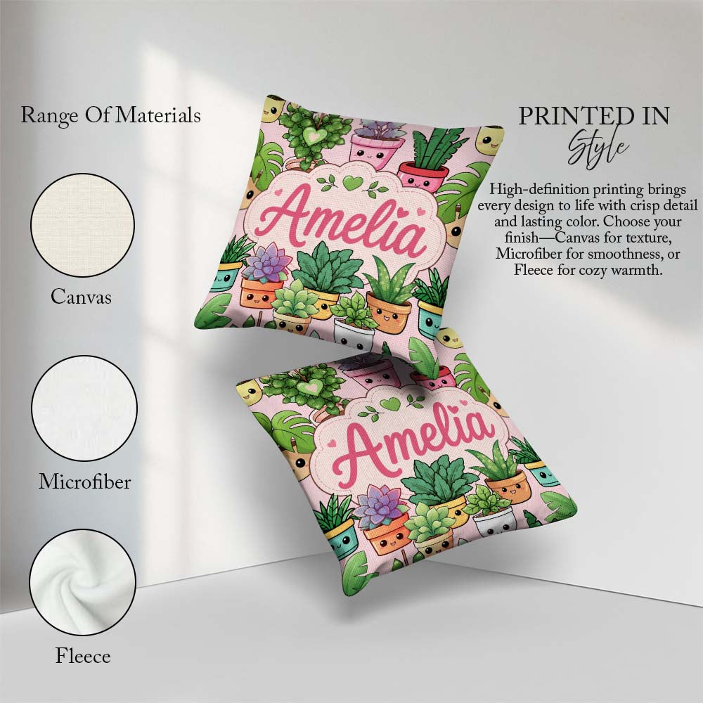 Custom Name Cute Kawaii Smiling Plant Pots Leaves Pattern Blush Square Filled Cushion Throw Pillow Sofa Bed Home Decor Zip Washable UK Made
