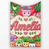 Cute Kawaii Smiling Plant Pots Succulents Leaves Pattern Red Lovely  Personalised Custom Name Super Soft Fleece Blanket Bed Sofa Throw