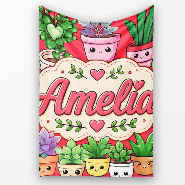Cute Kawaii Smiling Plant Pots Succulents Leaves Pattern Red Lovely  Personalised Custom Name Super Soft Fleece Blanket Bed Sofa Throw