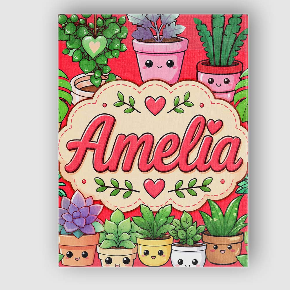 Personalised Name Cute Kawaii Smiling Plant Custom  Bespoke Interior Contemporary Canvas Wall Art Print Decor Picture Ready to Hang